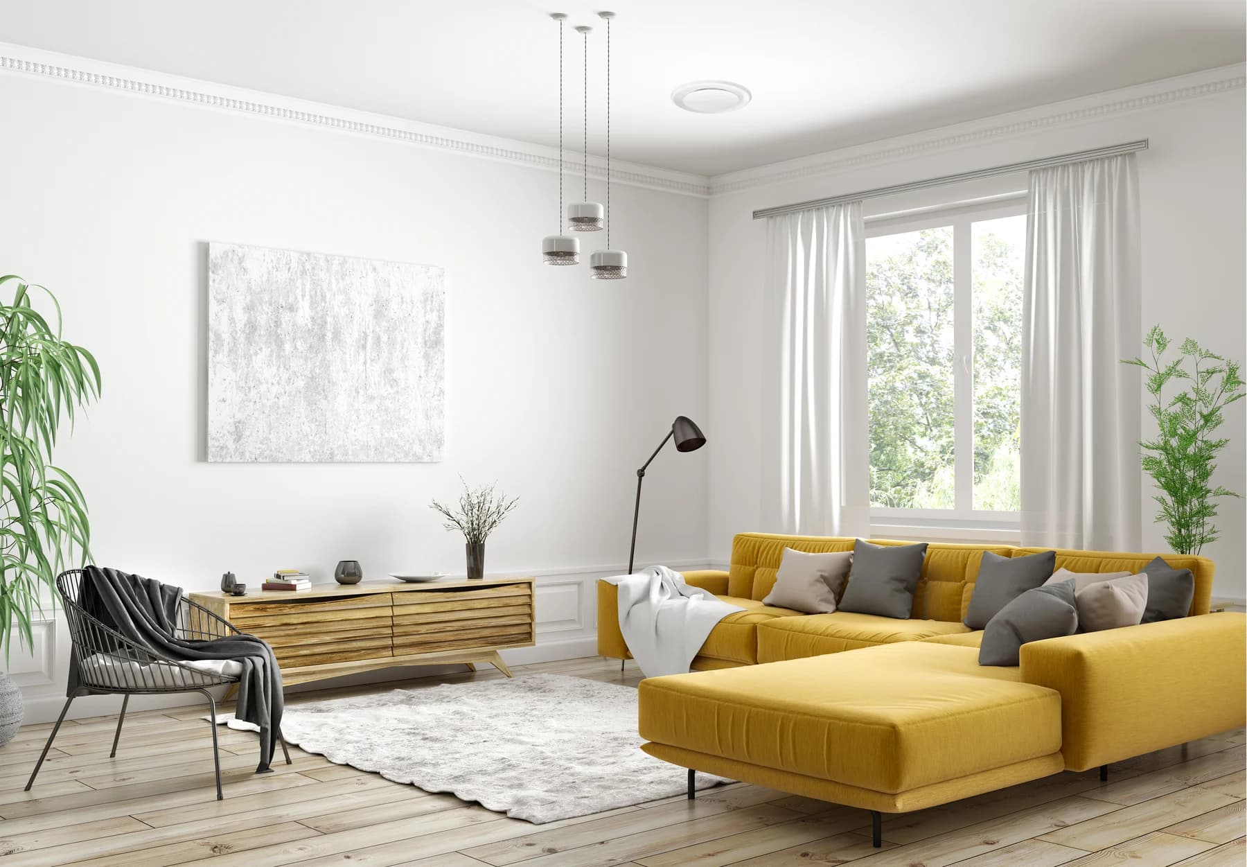 Lounge with discreet outlets for ducted reverse-cycle heating and cooling