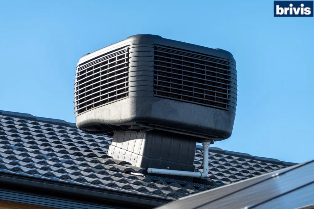 Brivis evaporative cooling unit mounted on a tiled roof