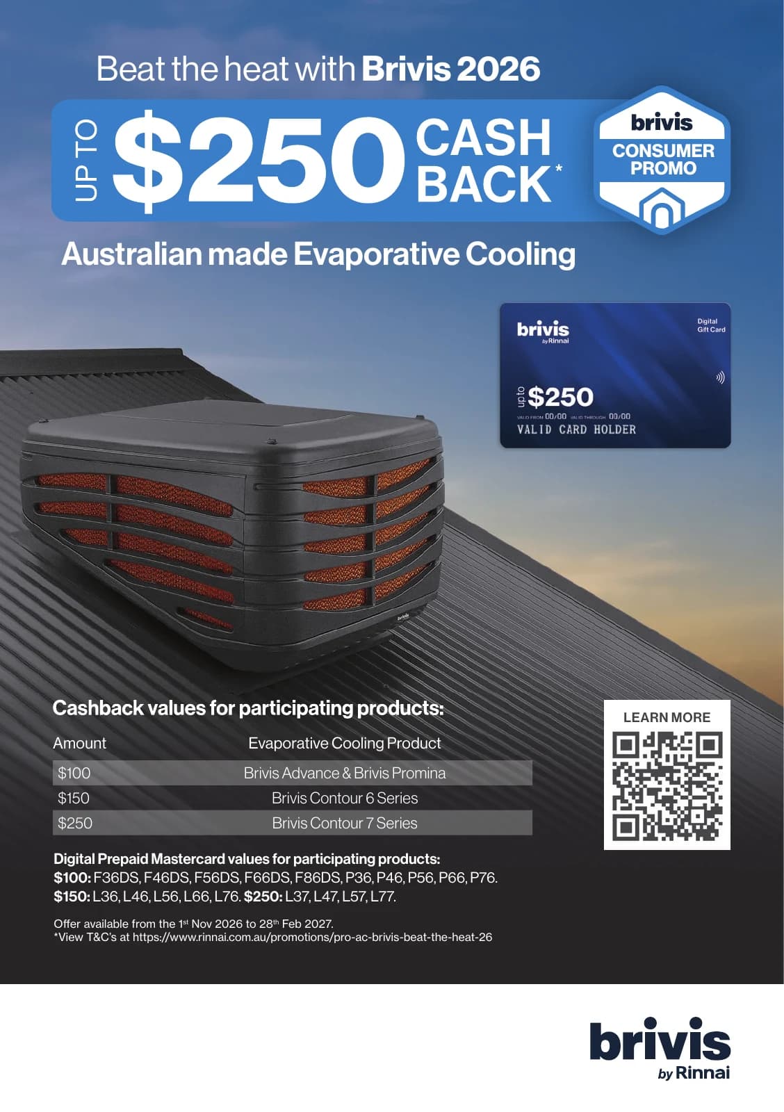 Official Brivis summer cashback flyer showing up to $250 cashback on eligible evaporative coolers