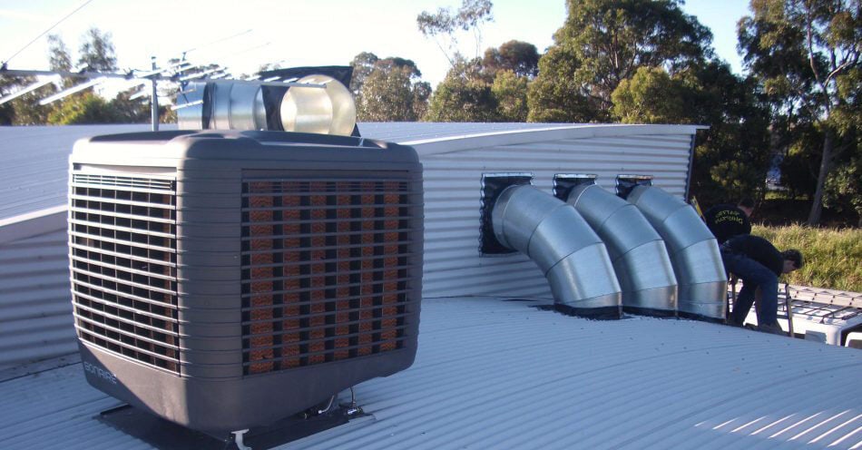 Ducted evaporative air store conditioning