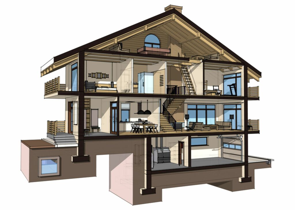 House split in half, showing rooms and zones