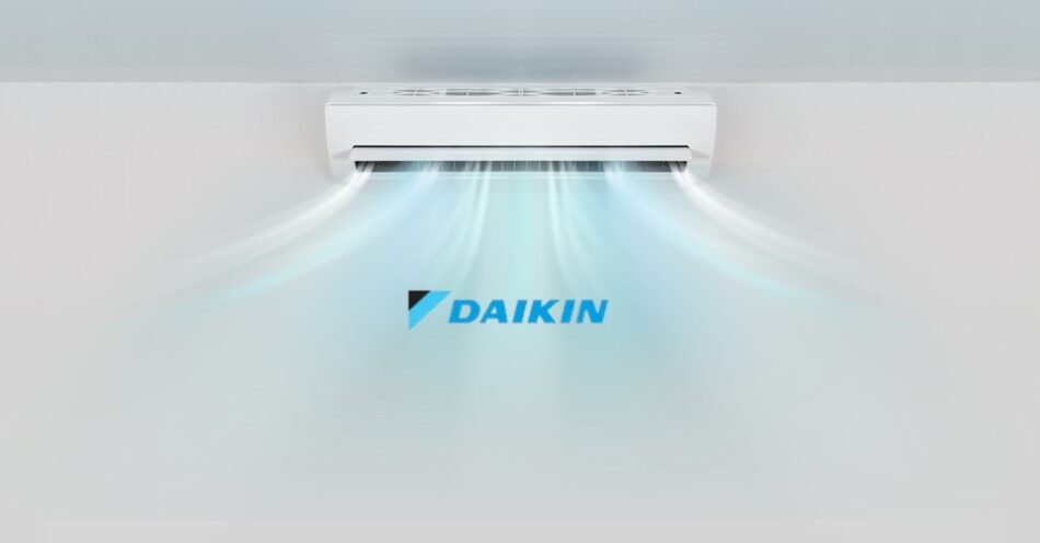 Cool air flowing from a split system, with the Daikin logo interposed