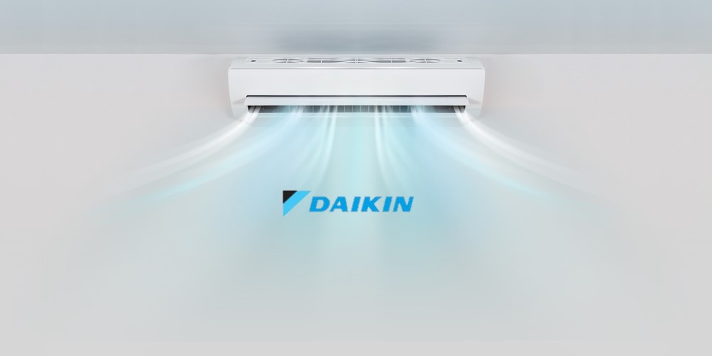 Cool air flowing from a split system, with the Daikin logo interposed