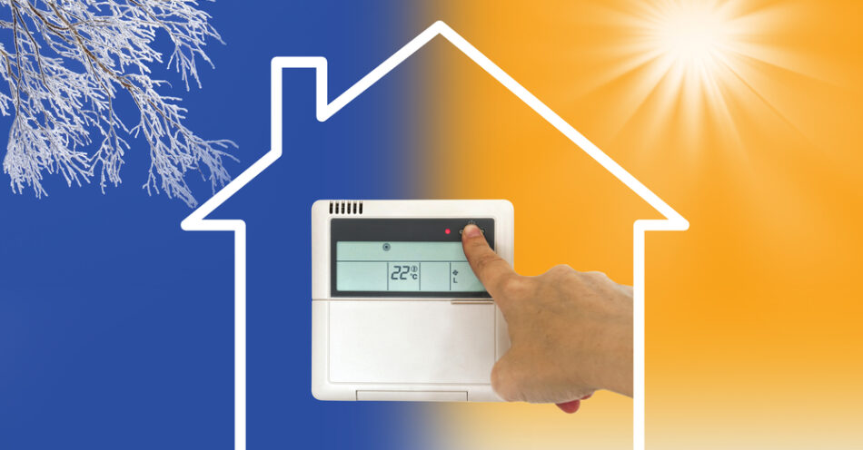 Heating and cooling concept: Outline of a house with cooling on one side, heating on the other, and a hand pressing AC controller in the middle