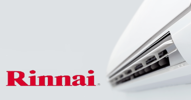 Rinnai Logo next to a split system indoor unit