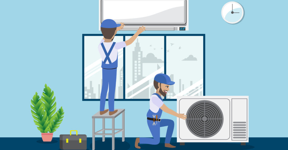 Cartoon of heating and cooling technicians working on indoor and outdoor split system unit