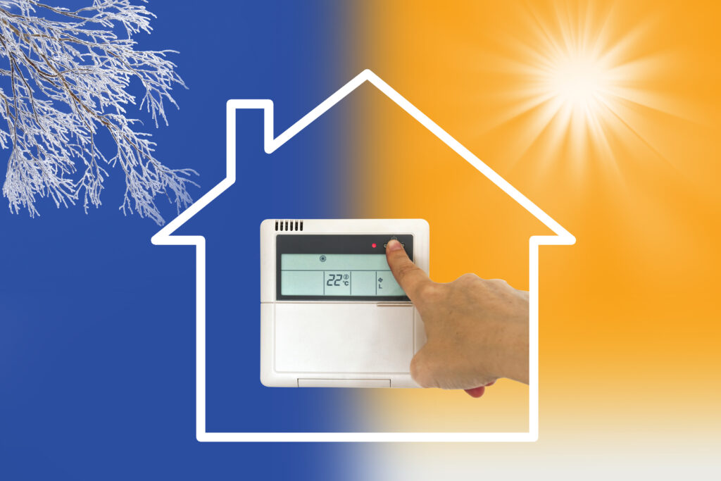 Heating and cooling concept: Outline of a house with cooling on one side, heating on the other, and a hand pressing AC controller in the middle
