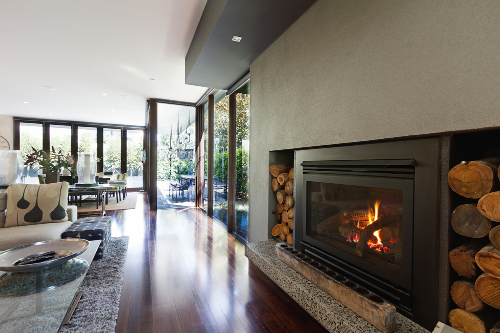 Gas log fire in a modern architect-designed luxury home