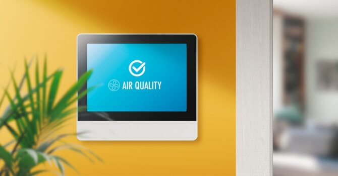 Monitor screen on yellow wall, displaying good indoor air quality